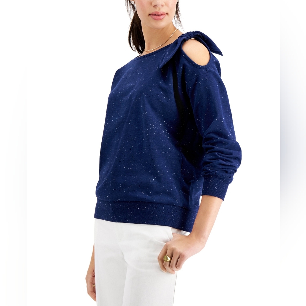 Charter Club French Terry Navy Blue Cold Shoulder Bow Sweatshirt